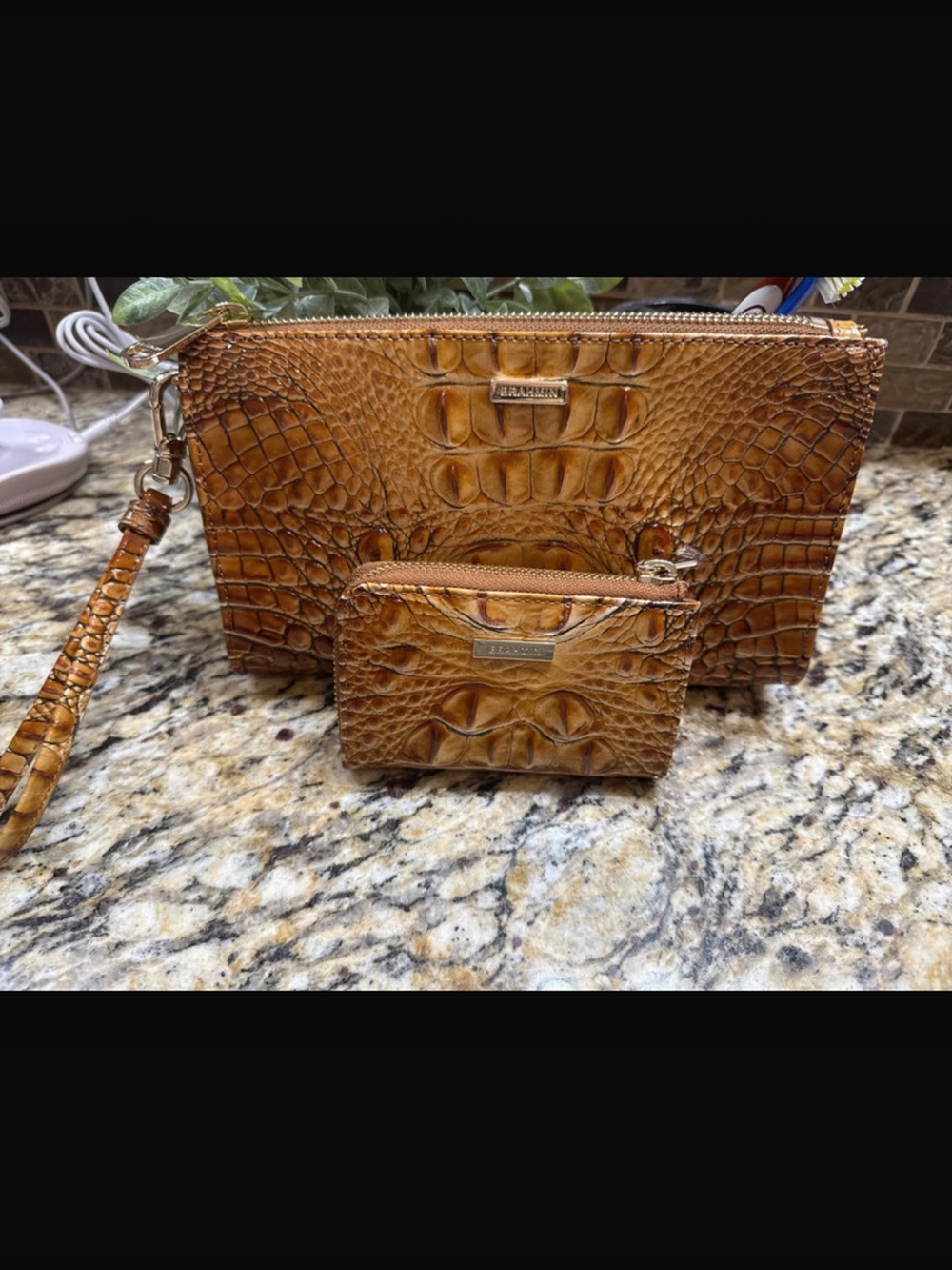 Brahmin Tan Embossed Leather Wristlet and Card Pouch Set
